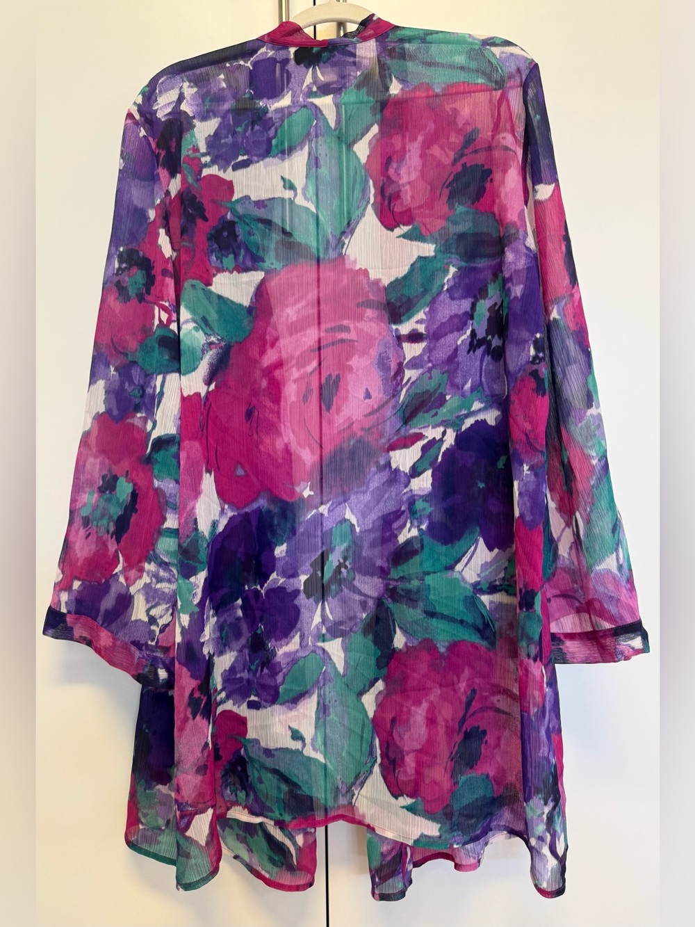 Susan Graver Sheer Floral Kimono Duster 2X Purple/Pink/Teal. Wrinkle Resistant - Picture 2 of 6